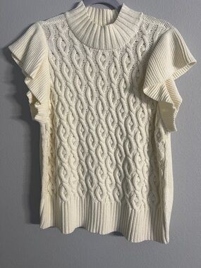 ON·34TH Cream Cable Knit Ruffle Sleeve Sweater